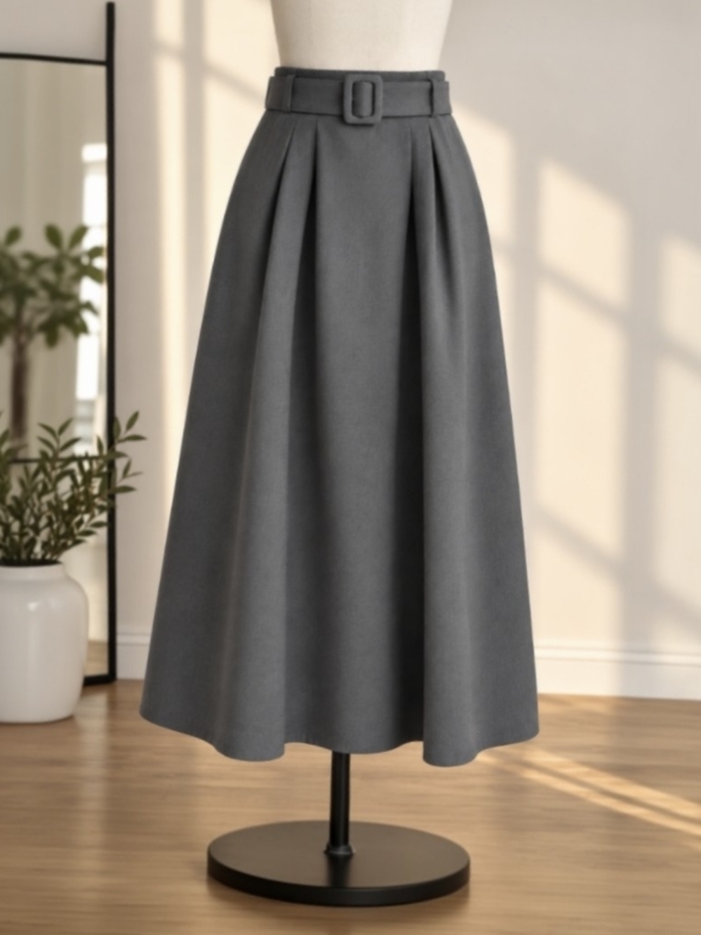 ZARA Gray High Waist Belted Pleated A-Line Long Skirt Size L NWOT